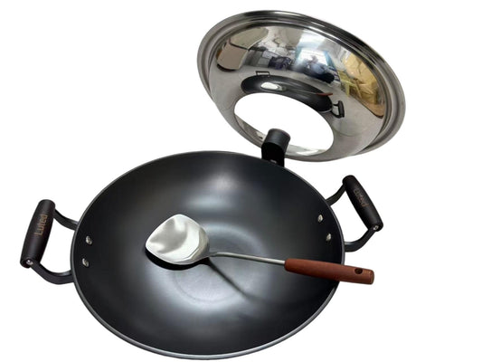 Chinese woks with a lid and a Spatula stir-fry deep fryer Cast Iron 15.2in flat bottom Uncoated for Open Fire not easy to rust not easy to stick and durable for about 3-7 people