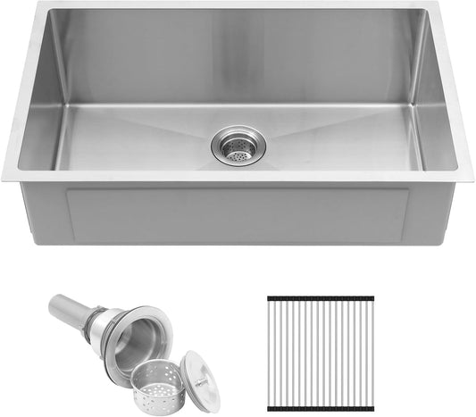 32-Inch Undermount Kitchen Sink - Delironexu Handmade 16 Gauge Stainless Steel Deep Single Bowl Sink with Brushed Finish