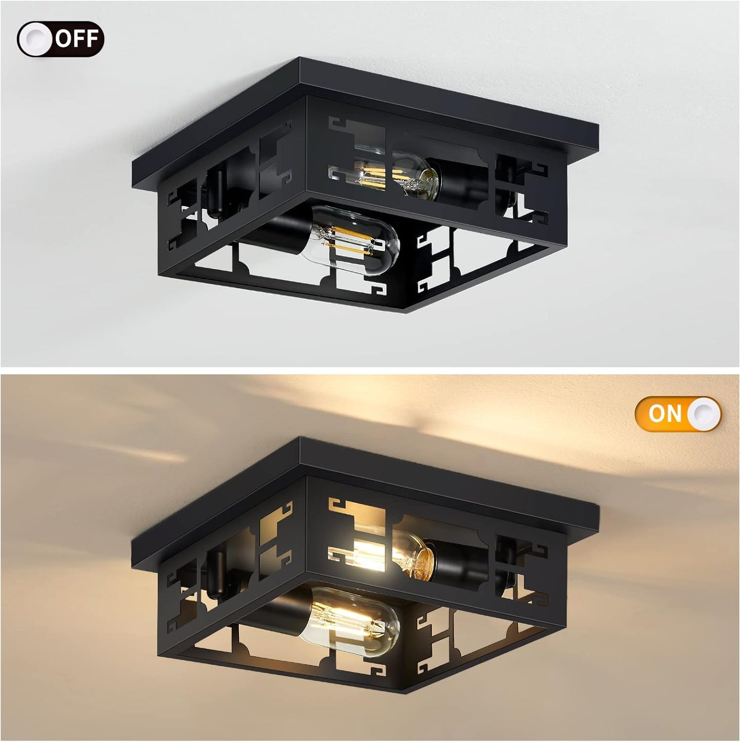 ZHU YAN 2-Light Flush Mount Ceiling Light Fixture,Farmhouse Ceiling Light Fixture,2 Pack Square Black Ceiling Light Metal Cage Ceiling Lamp Fixture