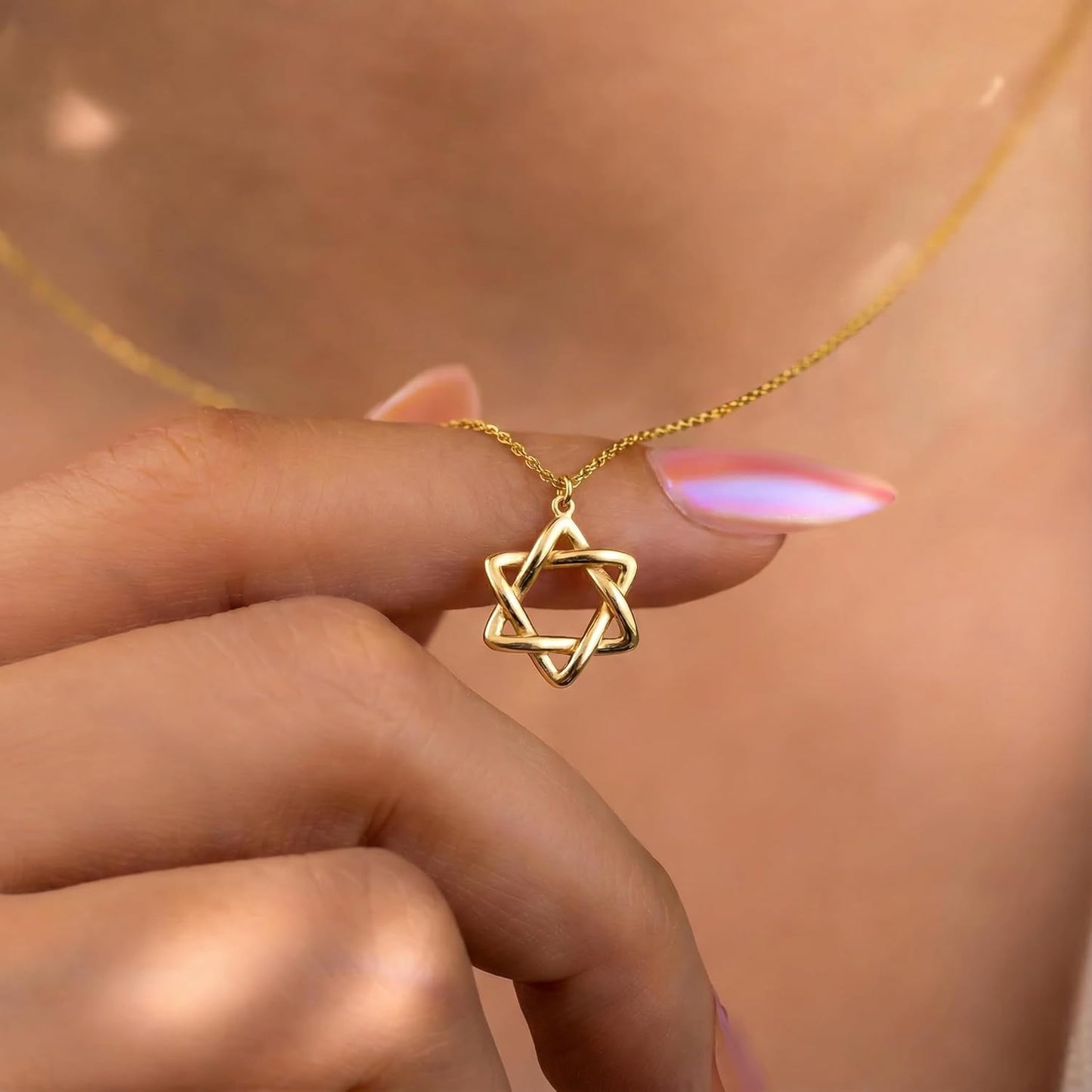 Gelin Dainty Interlocking Star of David Necklace for Women in 10K Solid Gold, 18 Inch Chain