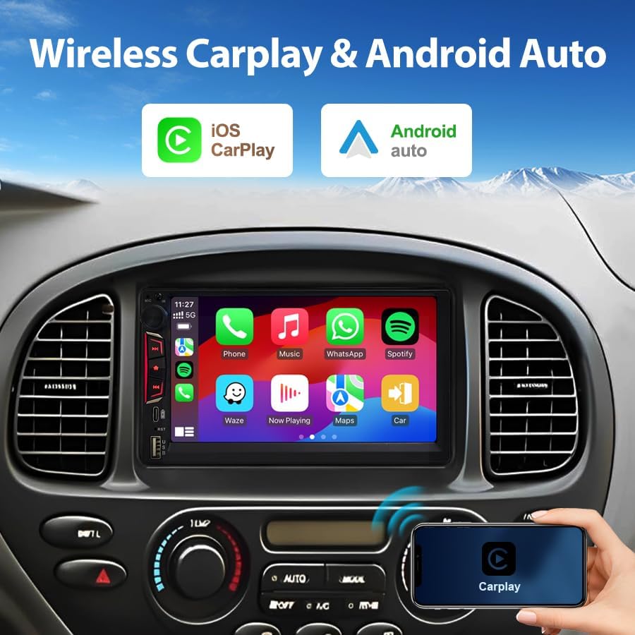 Double Din Car Stereo with 7" HD Touchscreen Wireless Carplay & Android Auto, Bluetooth,SWC, Subwoofer Output, Mirror Link, FM Radio (7inch Double DIN Radio)