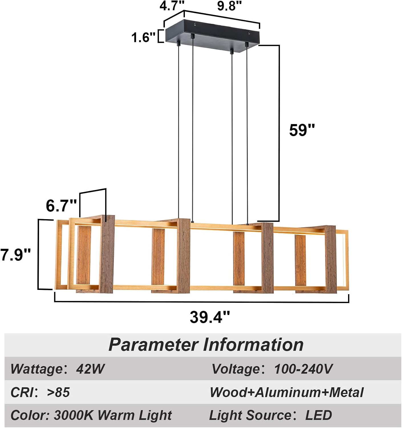 39.4' Rectangle Chandeliers for Dining Room, Farmhouse Wood LED Linear Pendant Light Kitchen Island, Adjustable Rustic Dining Room Light Fixtures