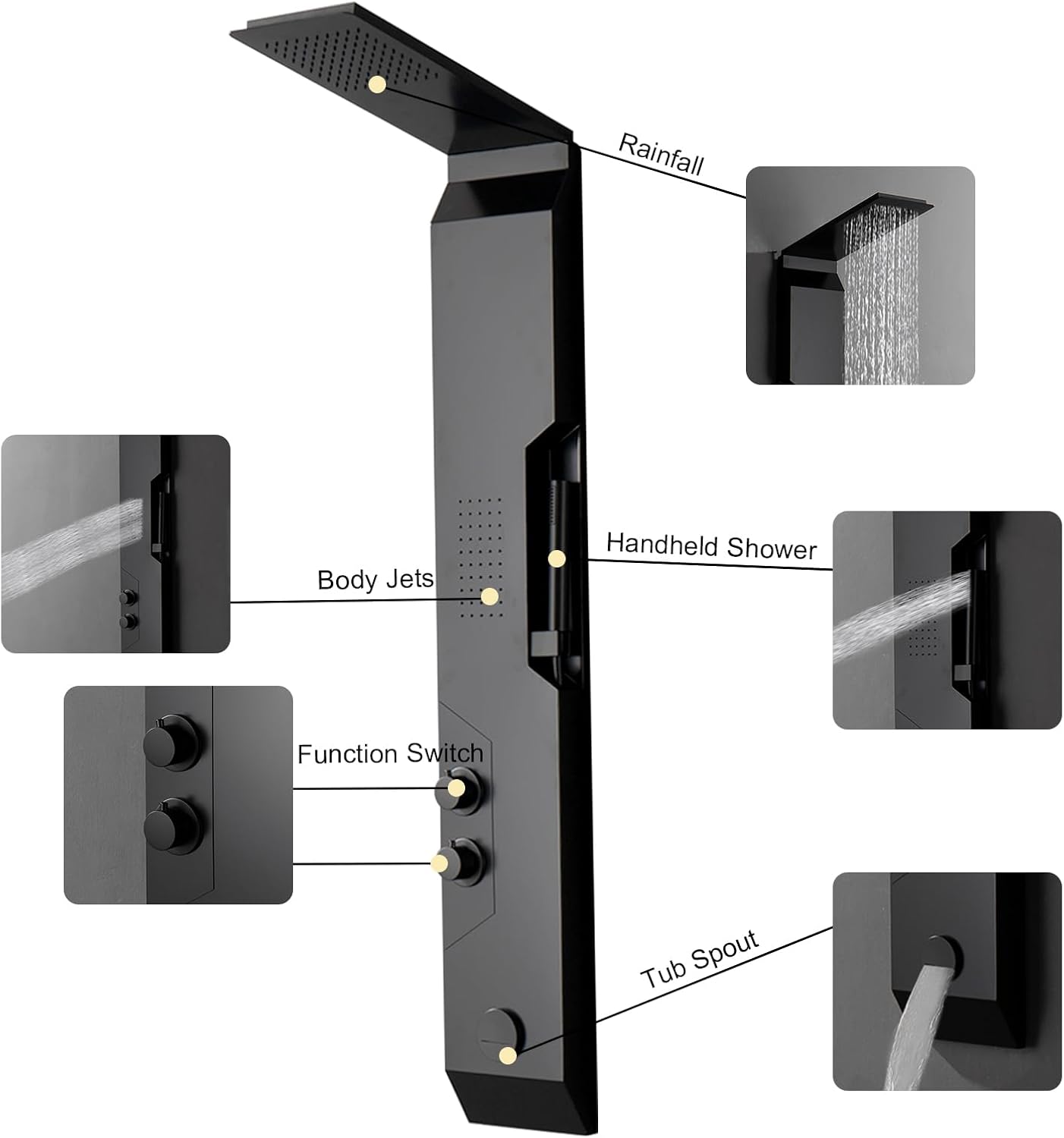 BATHLAVISH Black Shower Panels System, Shower Tower 304 Stainless Steel with Rainfall Shower Head with Handheld Massage Body Jets Bathroom Matte