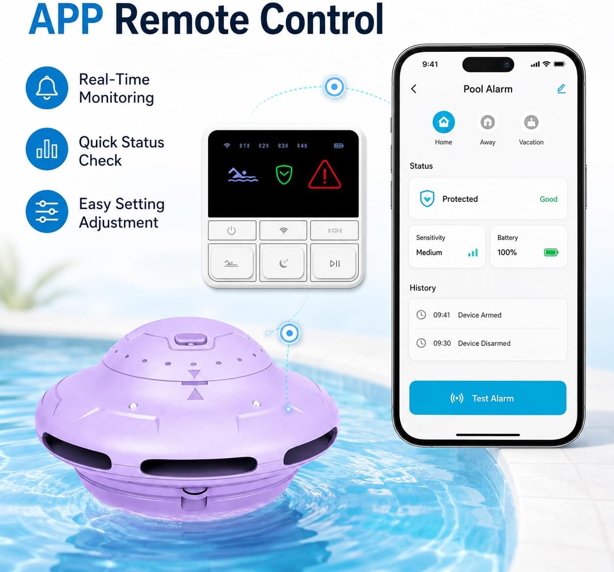 Smart Pool Alarm App Connectivity | Real-Time Phone Alerts & Adjustable Sensitivity (Purple)