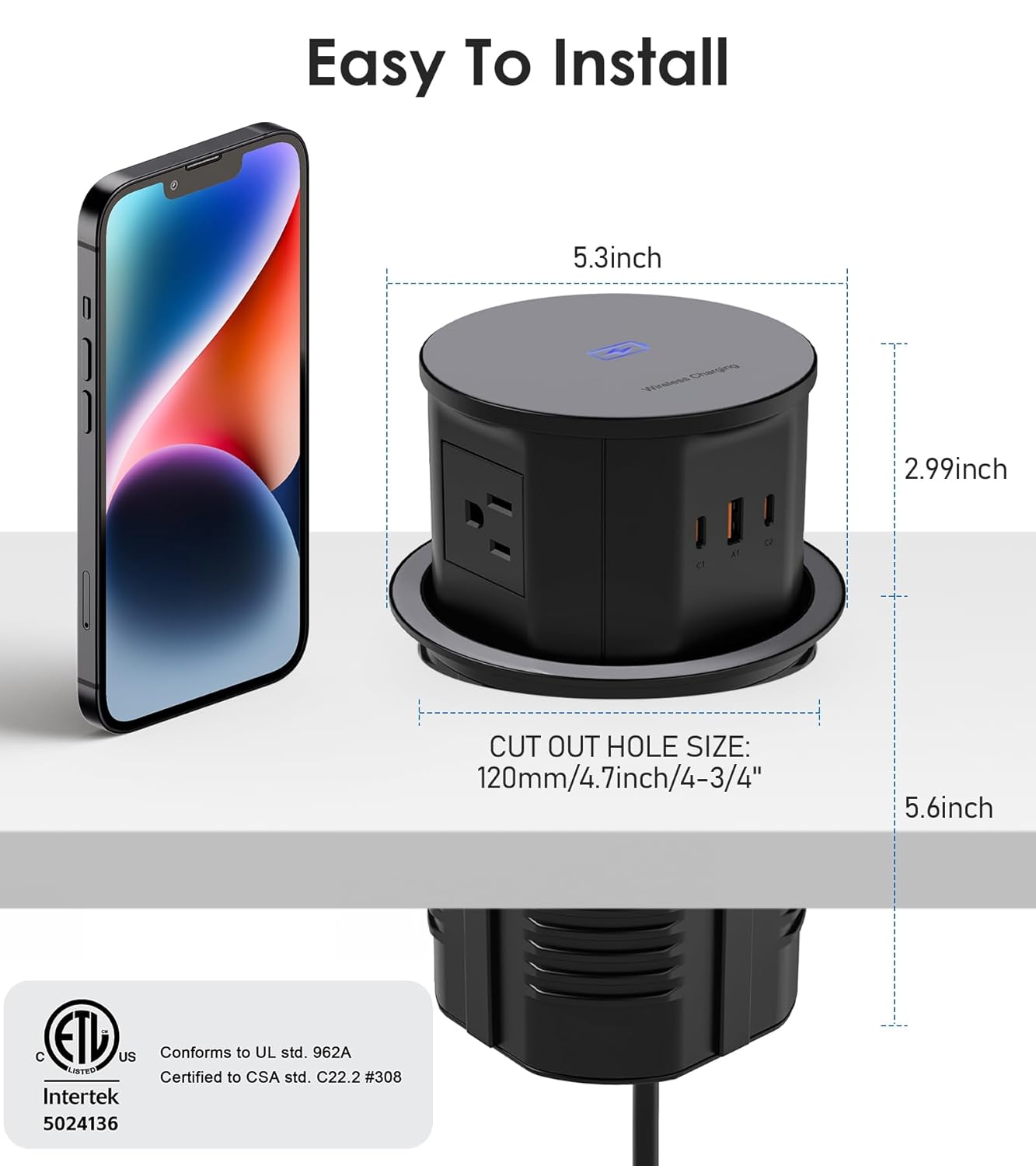 ANNQUAN 4.75" Pop Up Outlet with 65W USB-C,15W Wireless Charger,4 Outlets,3 USB Ports,Pop Up Countertop Receptacle Outlet for Home Office Kitchen Black 12 Amp(Standard)