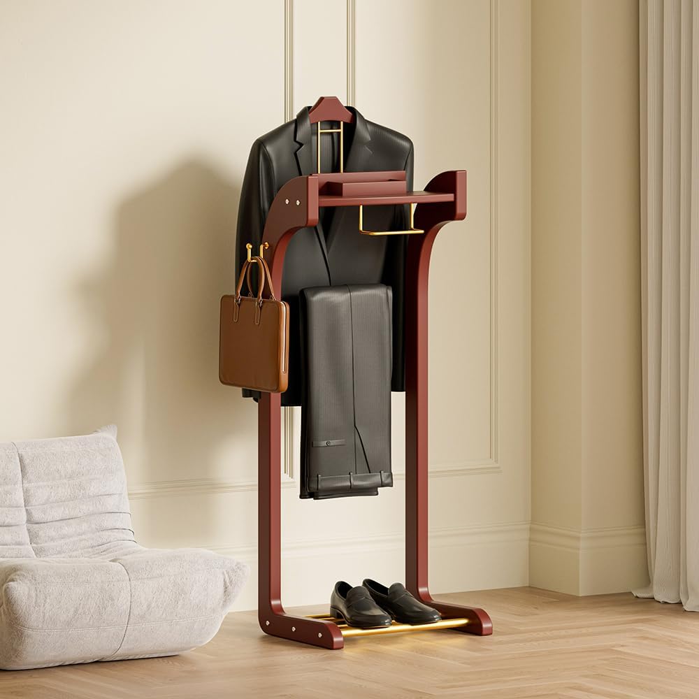 Dkjdssek Suit Valet Stand for Man and Women, Wood Clothing Valet Stand Suit with Contour Hanger, Tray, Trouser Bar, Tie Bar and Shoe Rack, for