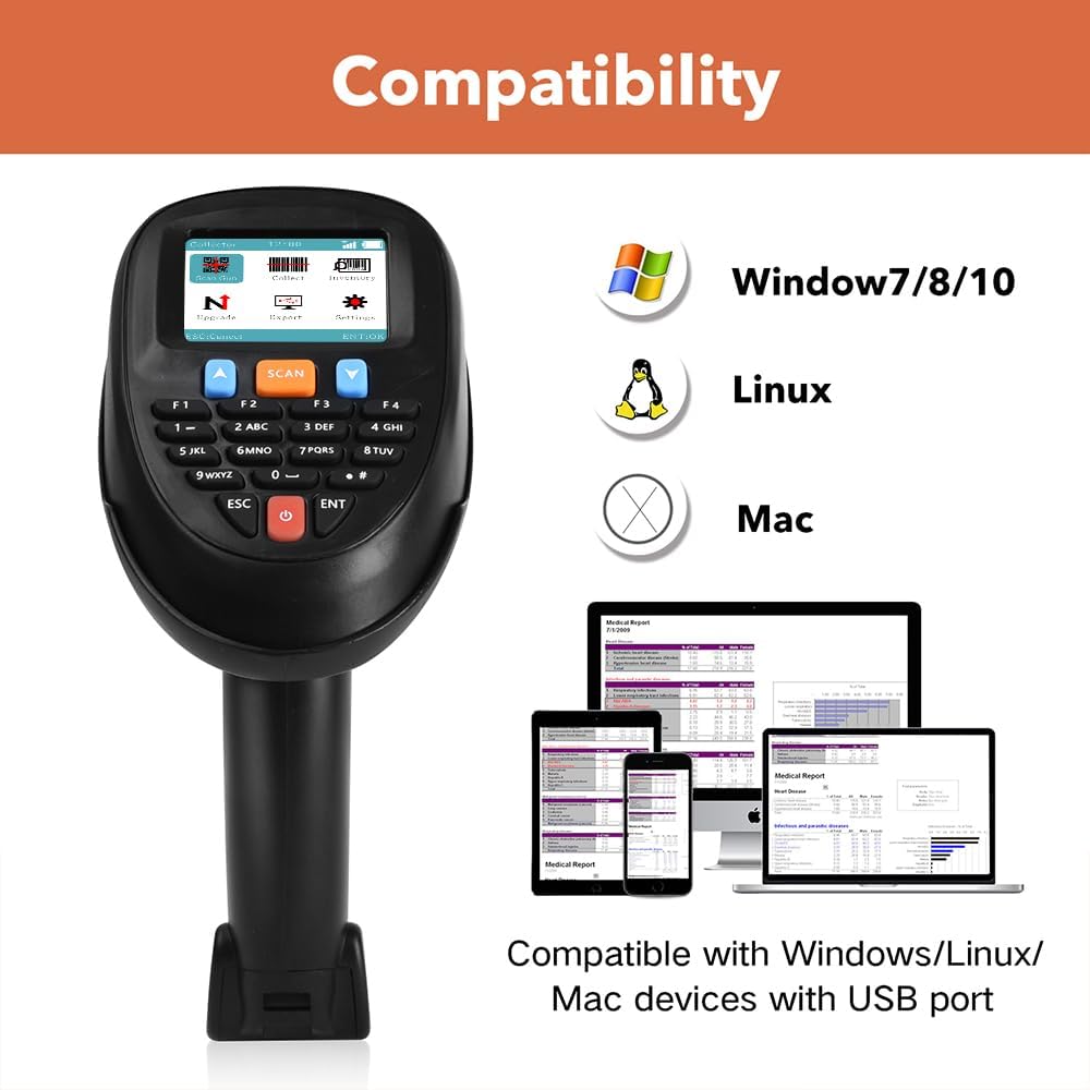 Inventory Scanner Wireless 2D Barcode Scanner Portable Barcode Reader 1D 2D PDF Data Collector Handheld Barcode Scanner with 2.2 inch LCD Screen