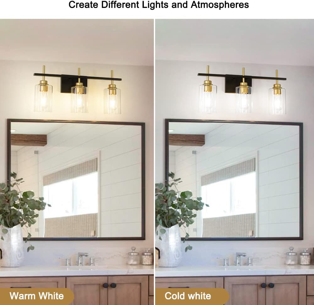 DSMJFU 3-Light Bathroom Light Fixture, Modern Bathroom Vanity Lights Over Mirror, Black and Gold Wall Sconce with Thicker Glass Shade for Mirror