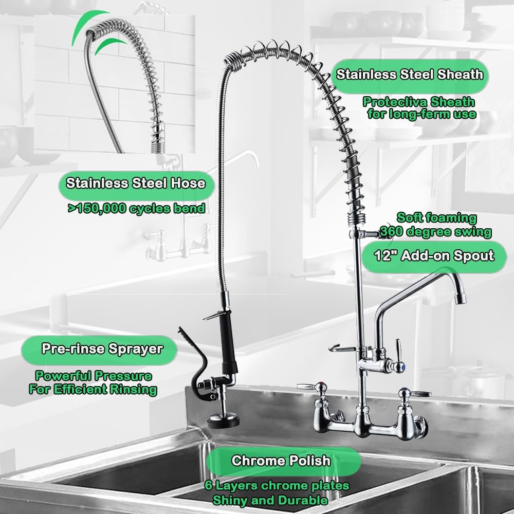 43' Height Commercial Faucet with Sprayer, 8 Inch Center, Wall Mount Kitchen Sink Faucet for 3 Compartment Sink, Restaurant Commercial Sink Faucet