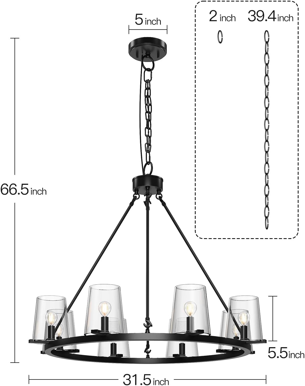 Amico Chandelier with Glass Shade for Dining Room 8-Lights 31' Farmhouse Island Mordern Wagon Wheel Industrial Pendant Light