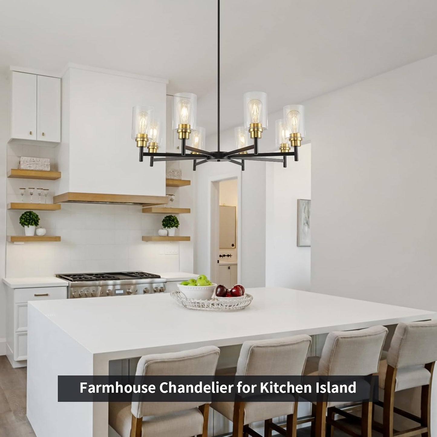 Black Chandelier for Dining Room, Farmhouse Chandelier Light Fixture with Clear Glass Shade 8 Light Industrial Pendant Lights