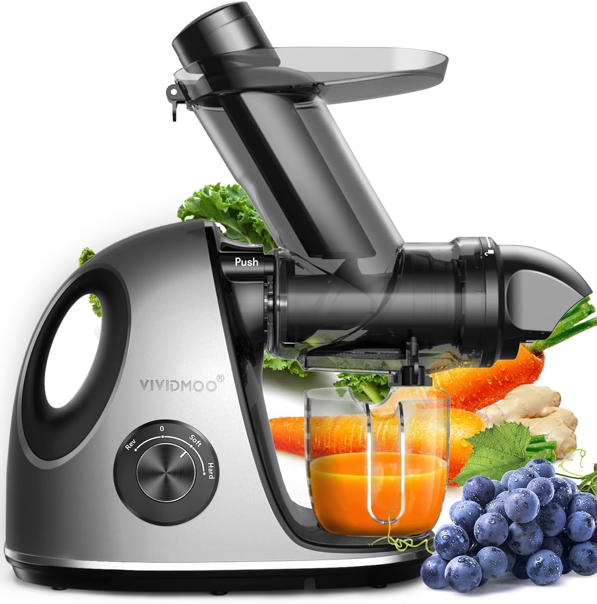 Juicer Machines, Vividmoo Masticating Juicer machines with 3-Inch Wide Chute, 2-Speed Modes & Reverse Function, Powerful Fruit Cold Press Juicer,