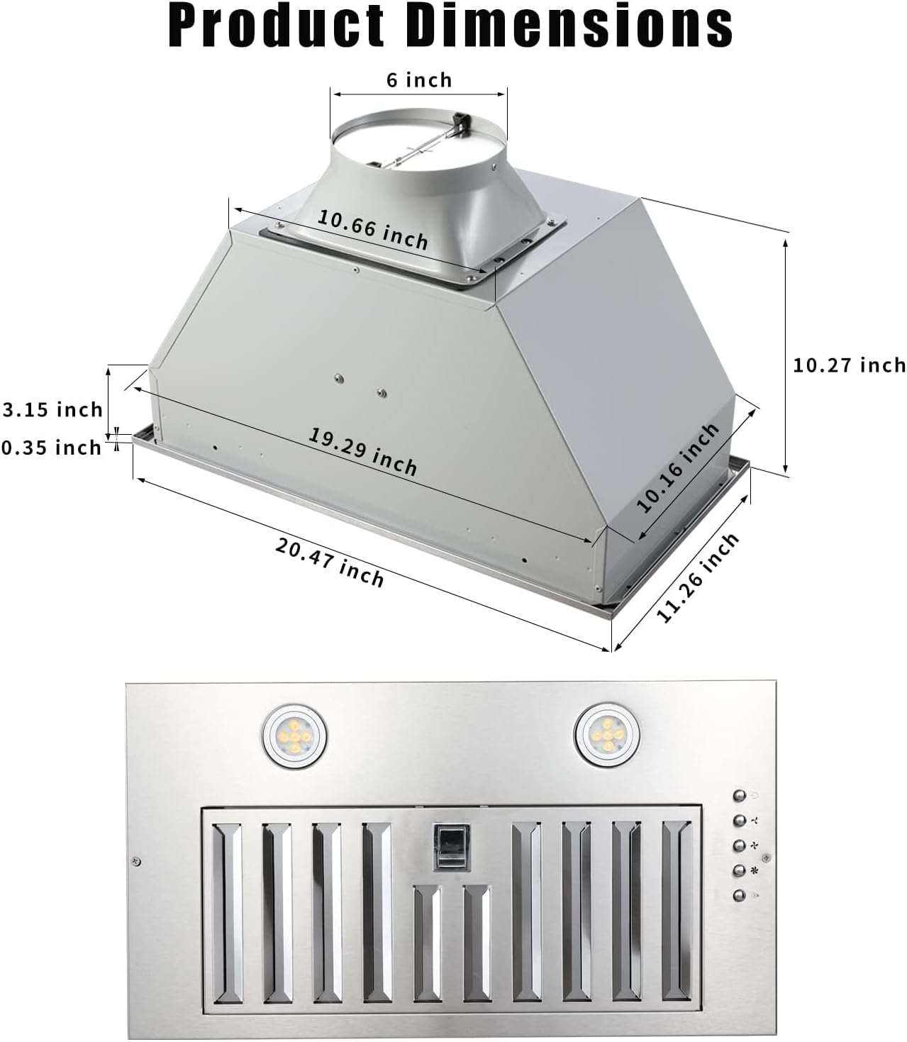 Range Hood Insert 20 Inch Stainless Steel 600 CFM Built-in Mount Kitchen Hood with Metal Housing Motor Baffle Filter, Ducted/Ductless Convertible