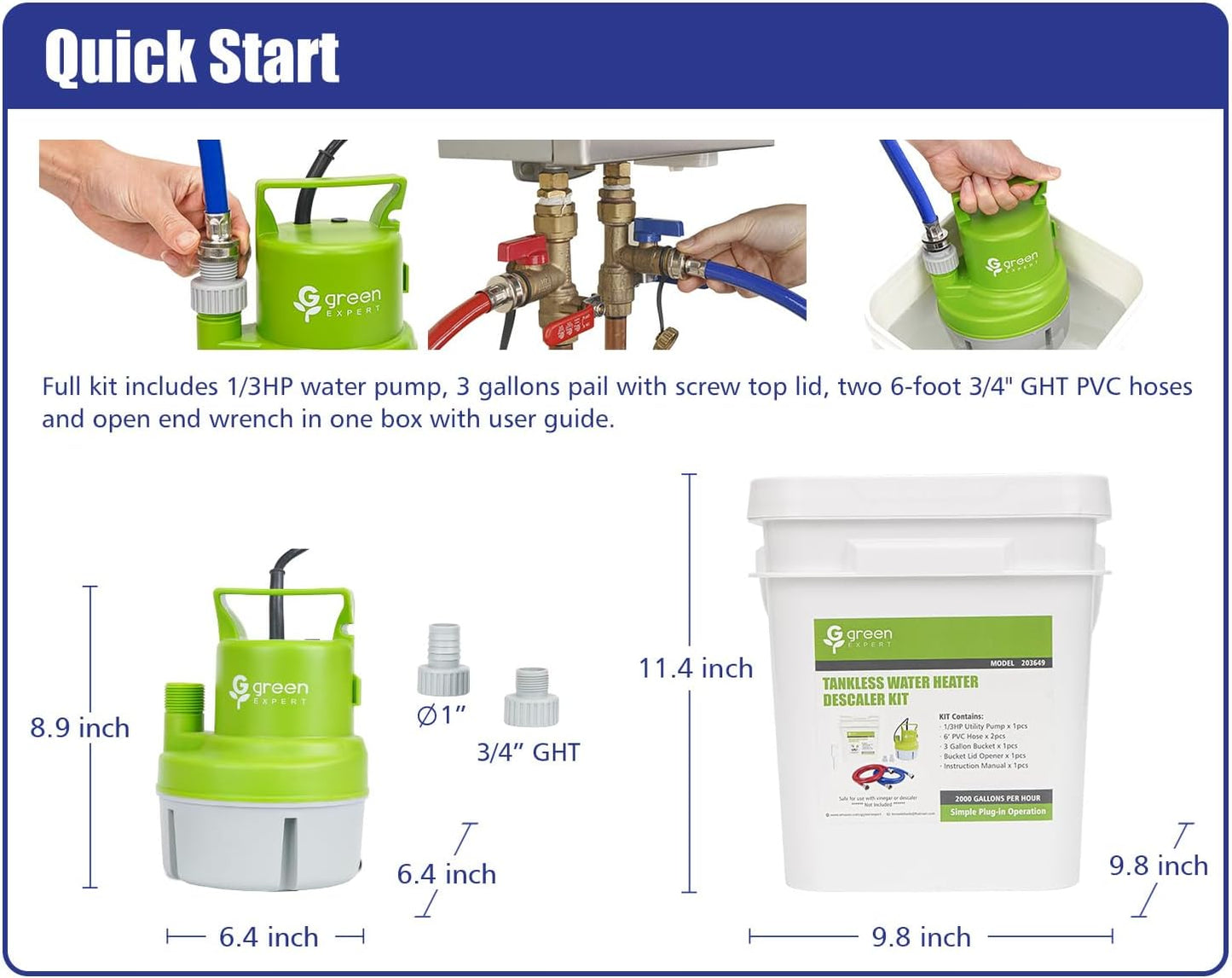 Tankless Water Heater Flushing Kit, 6-in-1 Descaling Kit with 1/3HP Utility Pump, 3-Gallon Bucket w/Lid Opener, 2×6ft 3/4" GHT Red&Blue PVC Hoses, Wrench & Adapter, for Isolation Valves