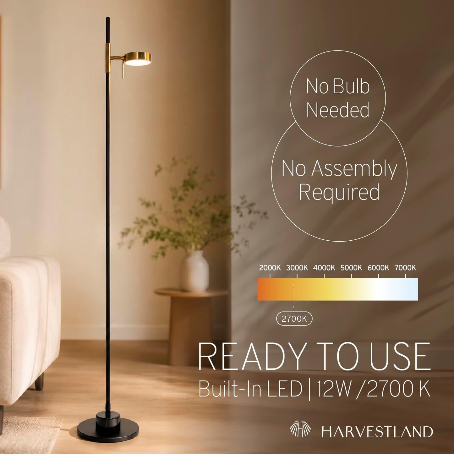 HarvestLand Black Brass Kindle Reading Lamp, Marble-Effect, Adjustable Head | 58'' Standing Reading Lamp, Marble-Look Base, 12W Warm LED Lamp, CRI≥80, LED lamp for Living Room, Bedroom, Office, Reading