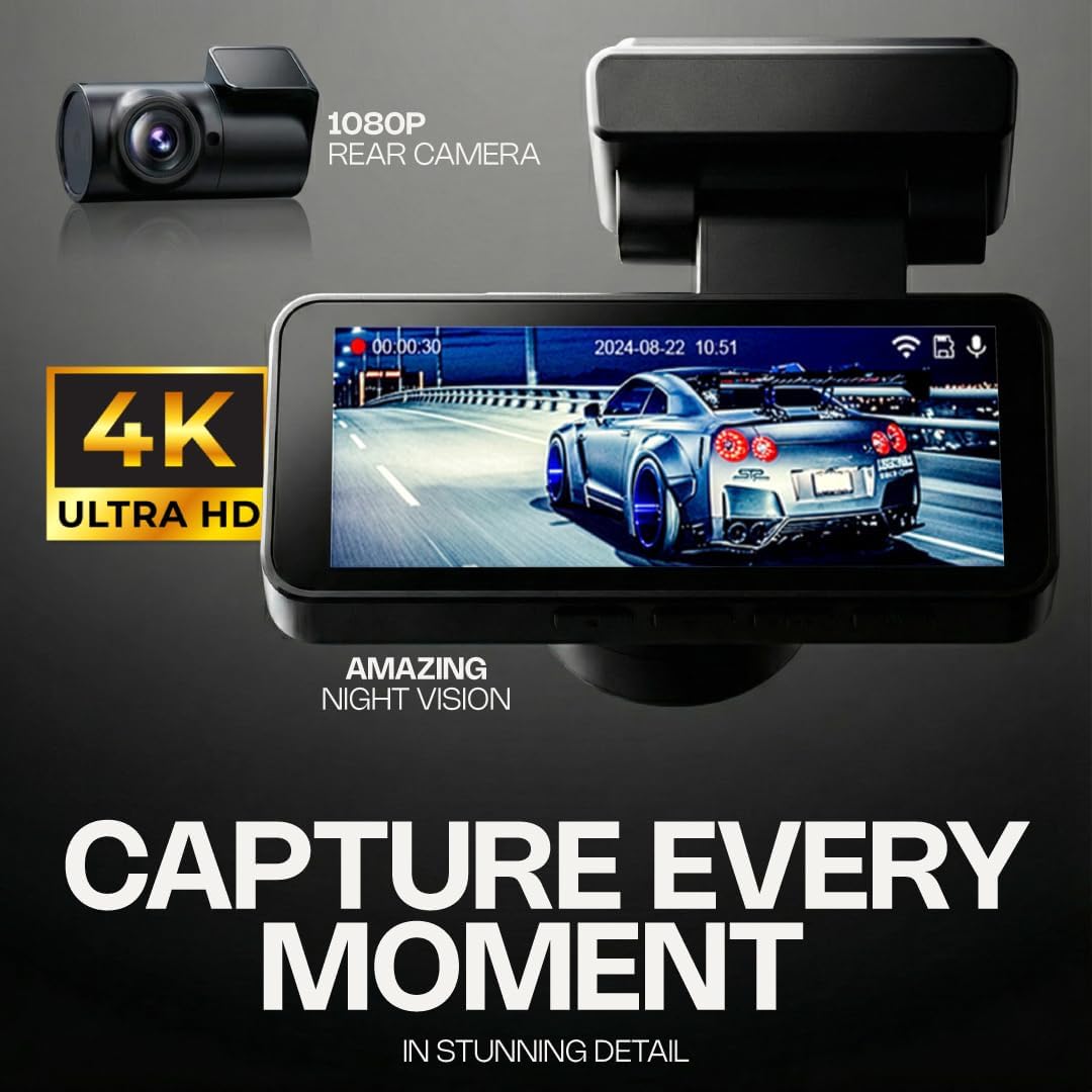 Pentro 4K Dual Dash Cam Front and Rear - UHD 2160P & 1080P Car Camera with WiFi, 64GB SD Card Included, Compact Wide Angle Dashboard Recorder for Cars, Vehicles