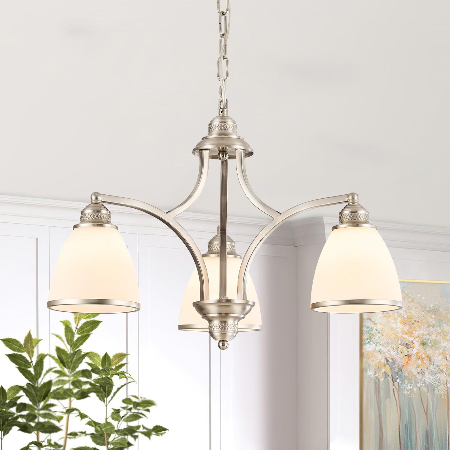 Brushed Nickel 3-Light Kitchen Island Light Fixture with Milk White Frosted Glass Shade for Dining Room Adjustable Height Silver Ceiling Hanging Light for Kitchen,Entry,Dining Table,Foyer silver-a small