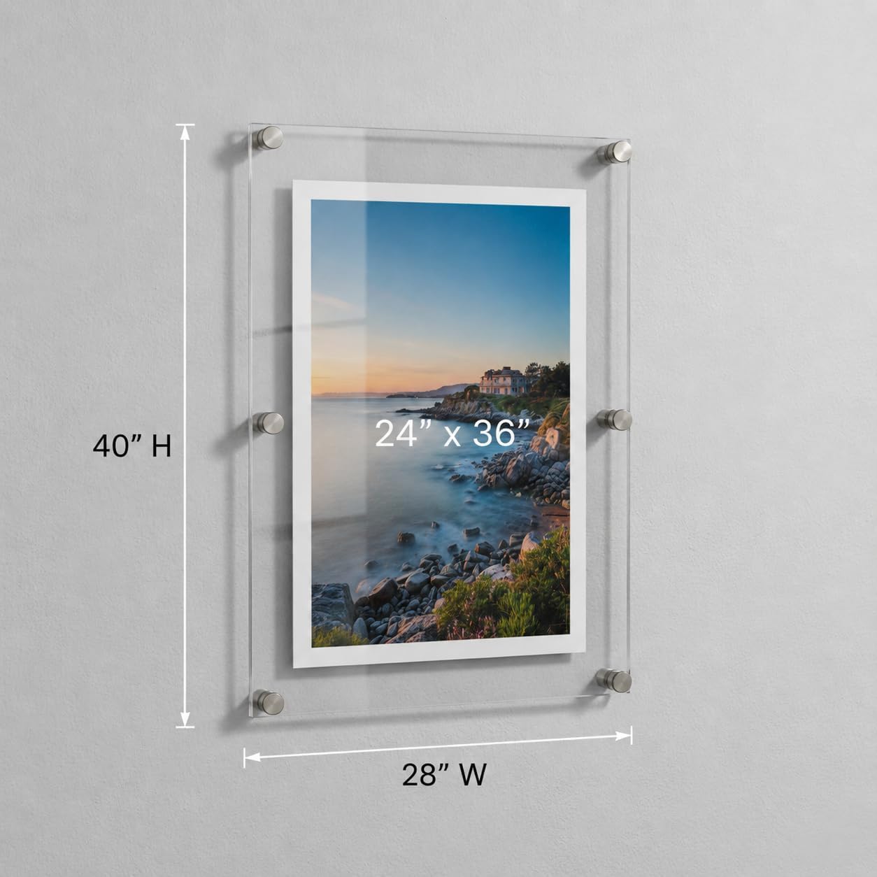 Azar Displays 105536-2PK Floating Acrylic Wall Frame with Silver Hardware Stand Off Caps, Clear Hanging Photo Frame Display Mount with Frameless Border, for Large Prints, 24" x 36", (Pack of 2)