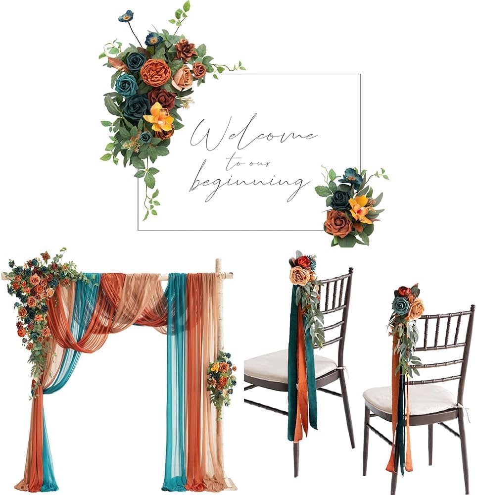 Ling's Moment Fall Wedding Decor, Teal Orange 1 pcs Wedding Arch Flowers, 2pcs Sigh Flowers, 8pcs Wedding Aisle Pew Flowers, Artificial Flowers for