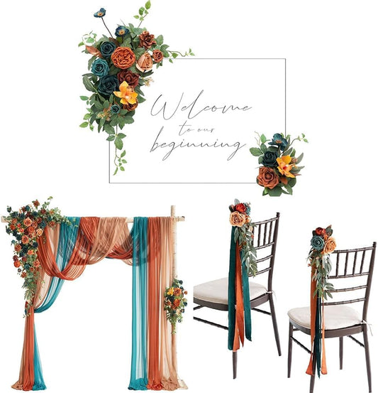 Ling's Moment Fall Wedding Decor, Teal Orange 1 pcs Wedding Arch Flowers, 2pcs Sigh Flowers, 8pcs Wedding Aisle Pew Flowers, Artificial Flowers for