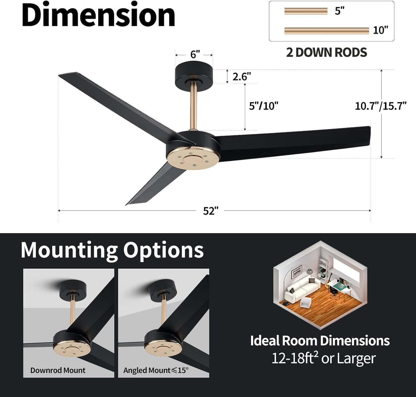 Wofifly 52'' Black and Gold Ceiling Fans No Light with Remote, Matte Black Ceiling fan without Light for Patios Bedroom, Outdoor Ceiling Fan with 6