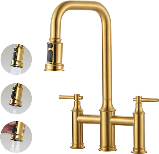 Kitchen Faucet Brushed Gold: Two Handles 8 Inch Centerset Brass Kitchen Faucet - 3 Holes High Arc Kitchen Faucet with Pull Down Sprayer for