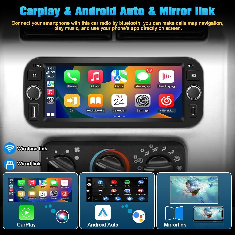 AWESAFE Car Stereo for Jeep Wrangler 2003-2006 Dodge RAM 2002-2005 | Touch Screen RAM 1500 Radio, CarPlay Android Auto, WiFi GPS AM FM, SWC, Camera, 2GB+64GB