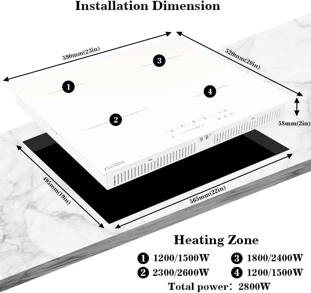 Induction Cooktop 4 Booster Burners Electric Cooktop, 23 inch Bulit in Stove Top, Hardwire,White, Power Boost, 9 Power Levels, Kid Safety Lock, 220V