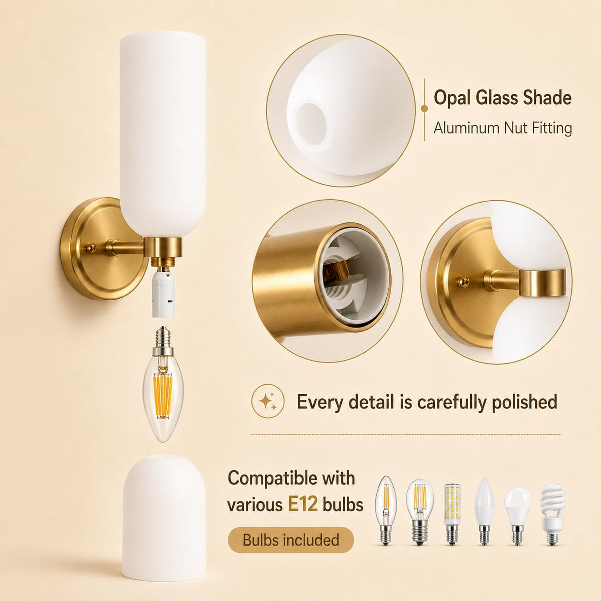 Gold Wall Sconces Set of 2 - Milk Glass Champagne Bronze Light Fixtures