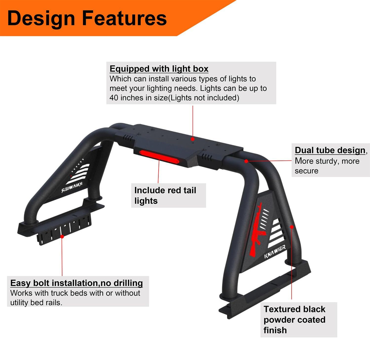 Roll Bar for Mid Size Pickup Truck, Adjustable Chase Rack Sport Bar Compatible with Tacoma/Gladiator/Frontier/Canyon/Ranger/Colorado,Light Mounts