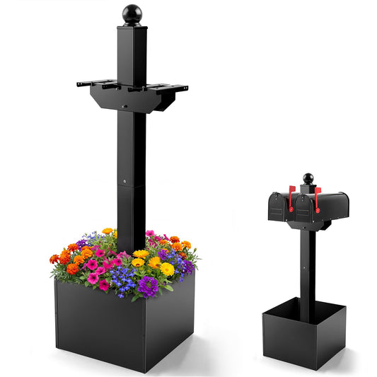 Colingmill Double Iron Mailbox Post with Planter Box for Outside, 65.35 x 4 x 4 Inch, Black Steel Mount for 2 Mailboxes, Heavy Duty Architectural Stand with Brackets (Mailbox Not Included)