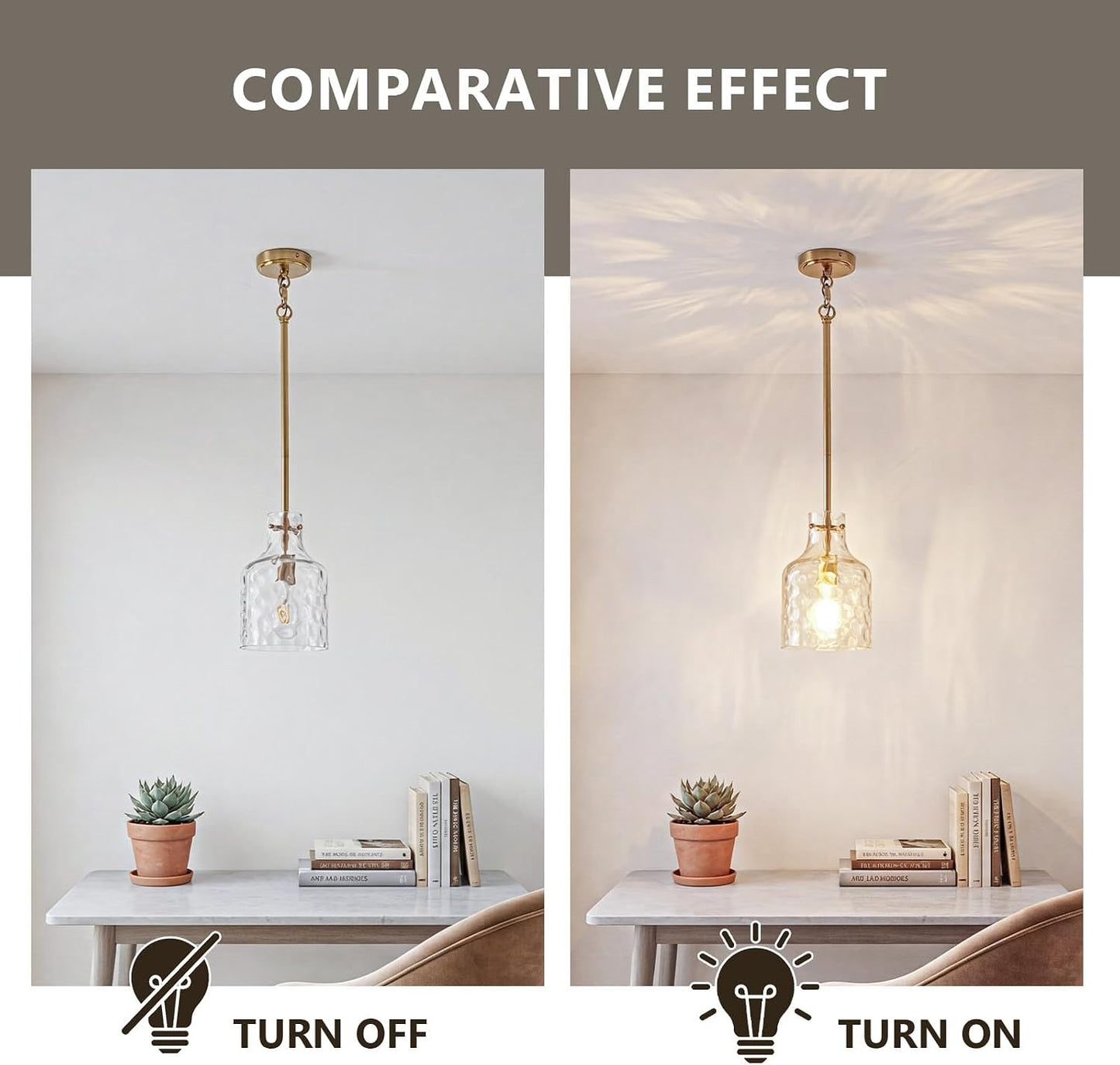 Pendant Light Fixture for Kitchen Island, Brushed Gold, 1 Pack | 7-inch Clear Hammered Glass Shade, Sturdy Metal Rod, Adjustable Height, E26 Socket, Ceiling Mount, Hardwired, 120V