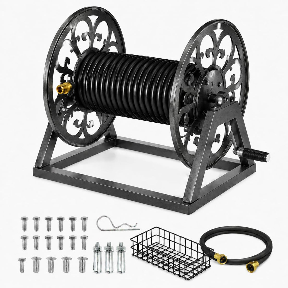 Wall Mounted Garden Hose Reel – Holds 200 ft 5/8" Hose, Heavy-Duty Steel Manual Winder, with Brass Connector, 5ft Leader, Decorative Pattern, Space Saver, Gray Finish, for Outdoor Gardens & Lawns.