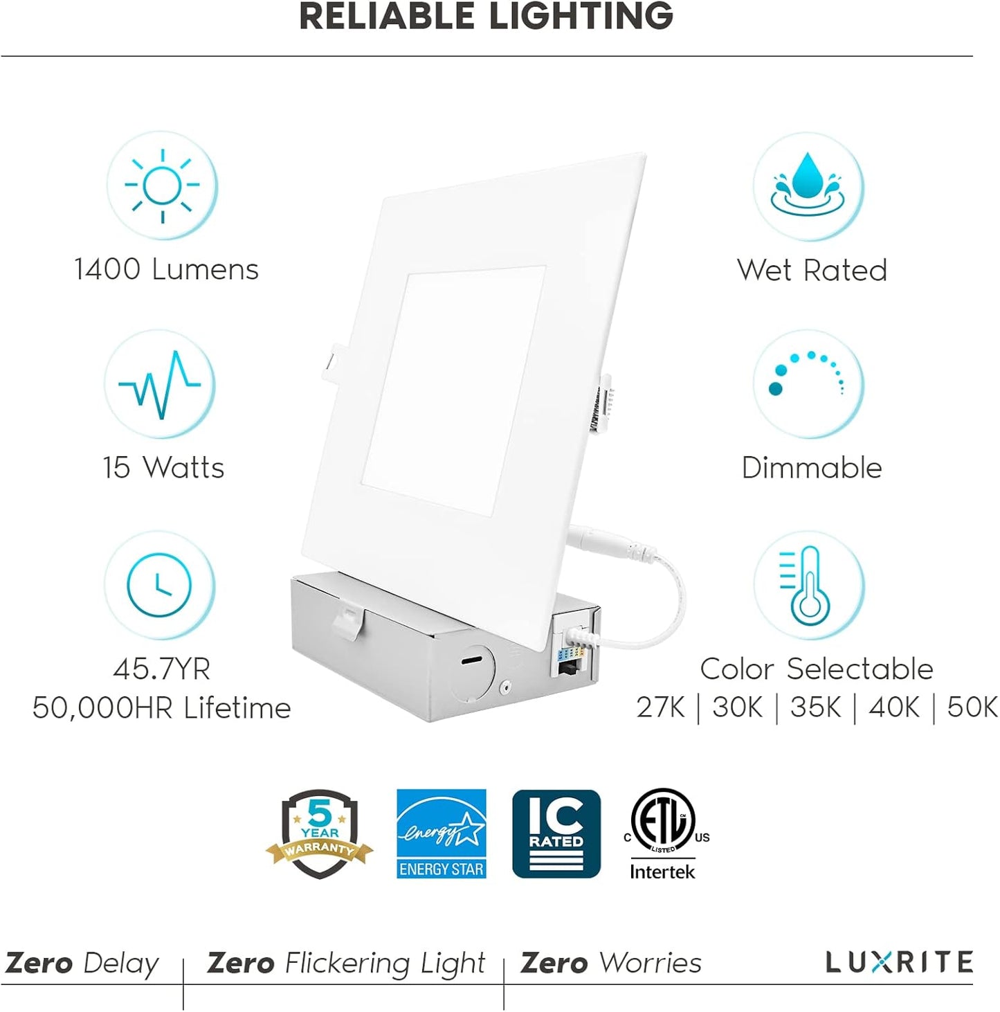 LUXRITE 6 Inch Ultra Thin LED Square Recessed Lighting with J-Box, 15W, 5 Color Selectable 2700K-5000K, 1400 Lumens, Dimmable LED Wafer Lights, High