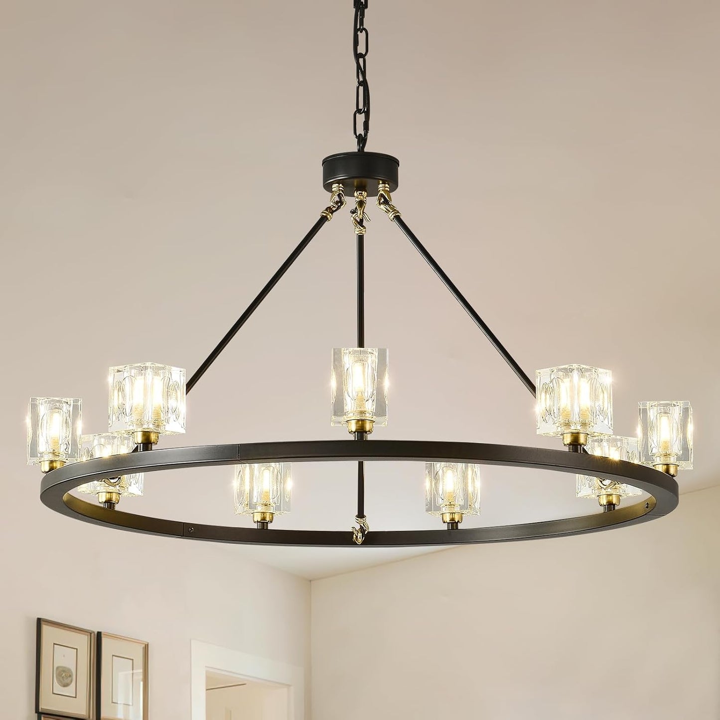 Black Gold Large Wagon Wheel Chandelier 32, 9-Light Modern Farmhouse Chandelier Light Fixture, Crystal Industrial Chandeliers