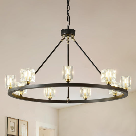 Black Gold Large Wagon Wheel Chandelier 32, 9-Light Modern Farmhouse Chandelier Light Fixture, Crystal Industrial Chandeliers