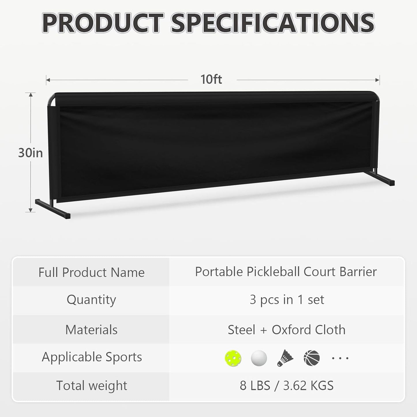Pickleball Barrier 3 Pack, 10ft x 2.5ft Extra Large, Pickleball Court Dividers and Ball Blockers for Outdoor & Indoor