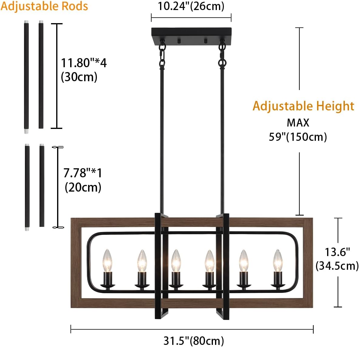 6 Lights Farmhouse Dining Room Light Fixtures Over Table,Rectangle Wood Chandelier, Chandelier for Dining Room,A