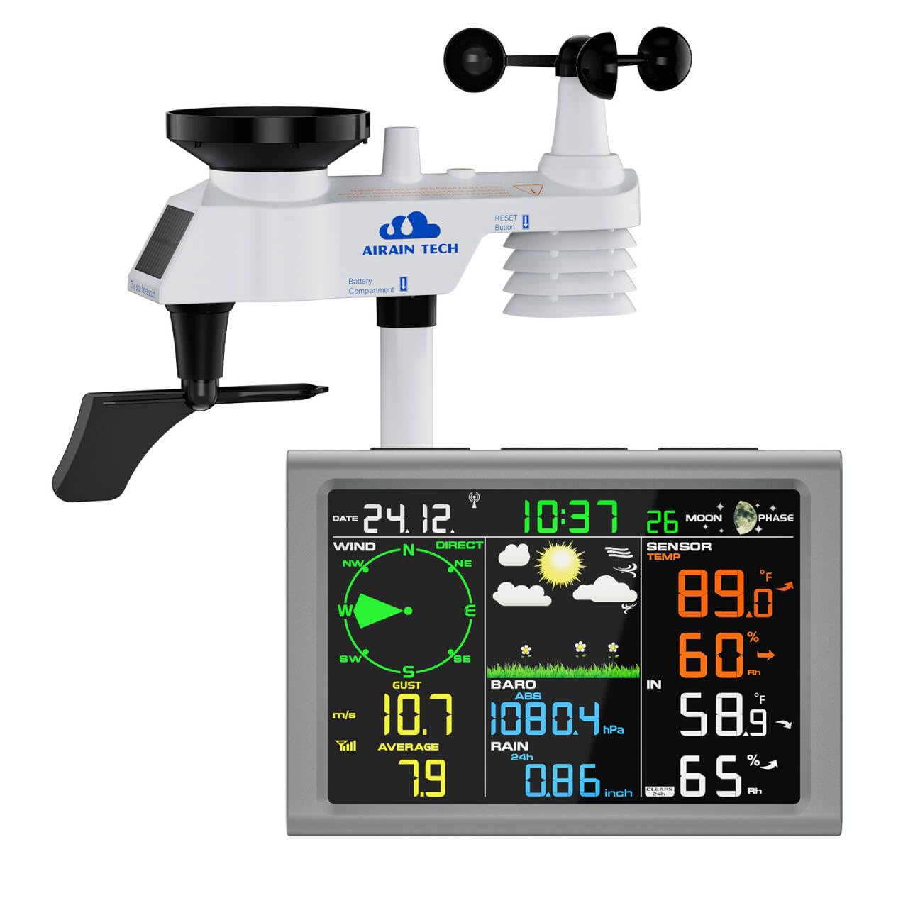 10-in-1 Wireless Weather Station Outdoor Sensor, Rain Gauge, Atomic Clock, Wind Speed/Direction, Indoor Temp/Humidity, Barometer, Forecast.(No WiFi)