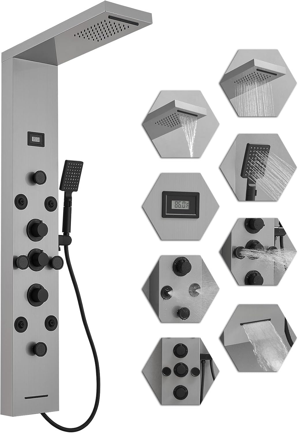 Shower Panel Rain Massage System with Adjustable Body Jets Mist Spray 6 in 1 Functions, Wall-Mount Shower Column