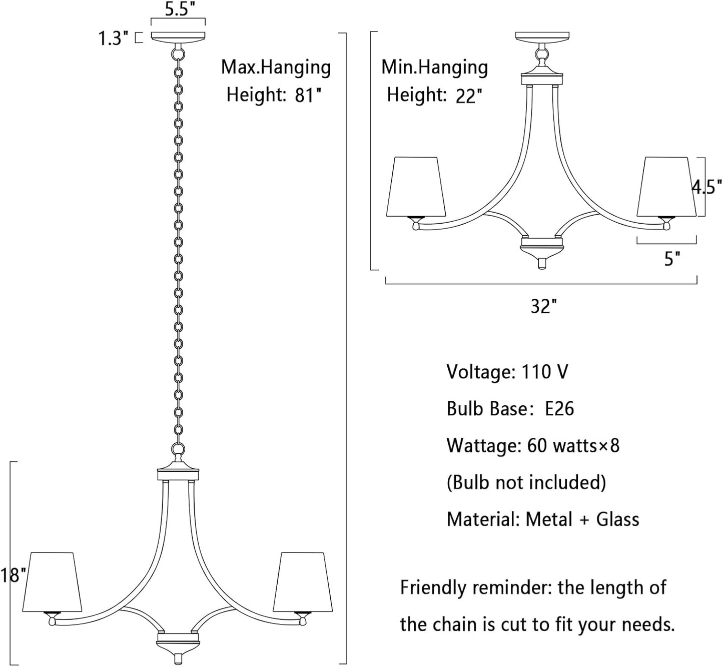 XANGQAN Dining Room Light Fixture Over Table Black Modern Chandelier for Dining Room Living Room Foyer Porch Kitchen Island 8-Light Large Glass Shade