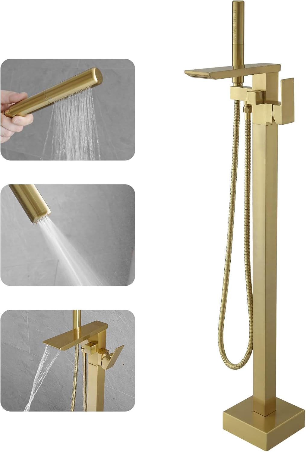 Brushed Gold Bathtub Filler Freestanding Tub Filler Floor Mount Tub Faucet Waterfall Bathtub Faucet with CUPC Certified