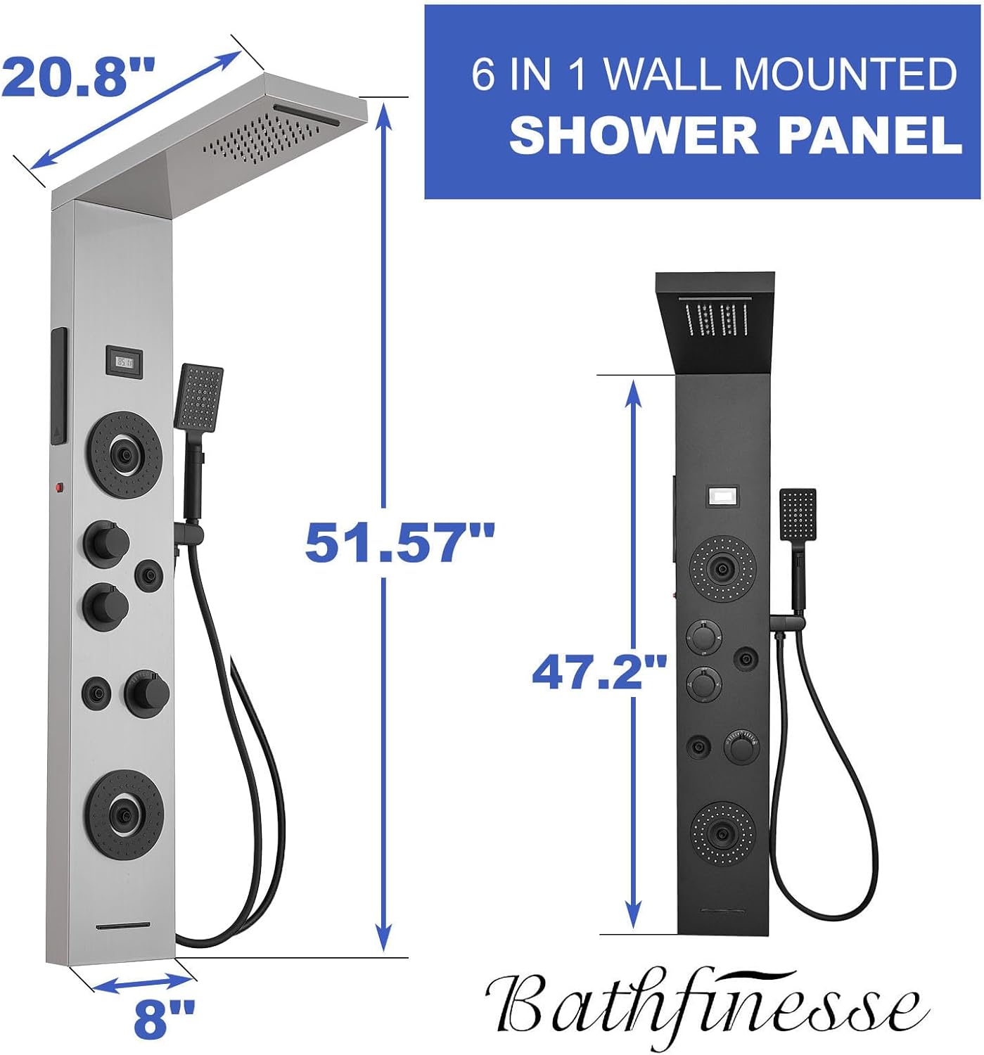 Shower Panel LED Rainfall Waterfall Light Bathroom Shower Panel Tower System, Rain Massage 6-Functions