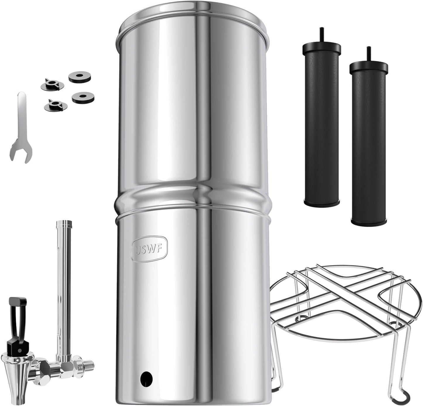 USWF Gravity Fed Water Filter - 2.25 Gal. Stainless Steel w/ 2 Carbon Filters, Portable Countertop Filtration System, Metal Sight Glass Spigot,