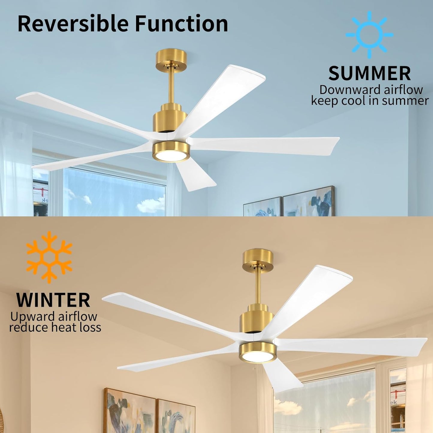 Solid Wood Ceiling Fans DC Motor with Light and Remote Control, 60 Inch Natural Wood Ceiling Fan 5 blades Waterproof, 6-Speed Reversible Indoor