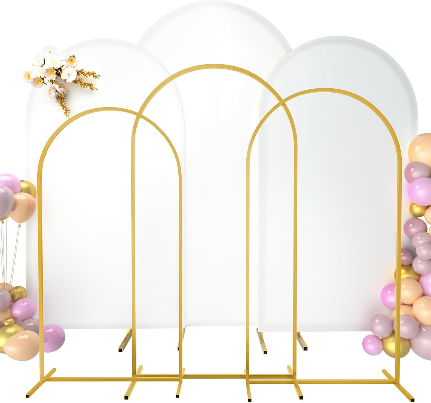 Set of 3 Arch Backdrop Stand with Cover, 6/6.6/7.2 Ft Gold Wedding Arch Frame, Metal Backdrop Arch Stand for Party, Baby Shower, Birthday,