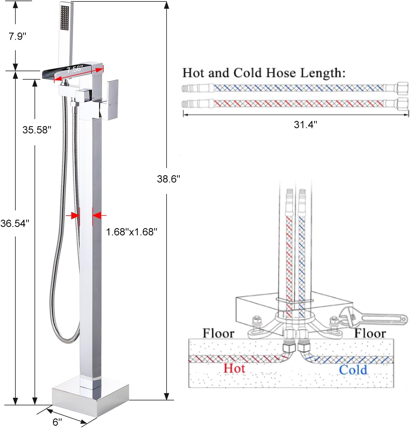 Free Standing Tub Faucet Chrome: Freestanding Tub Filler, Brass Made Floor Mount Bathtub Faucet, High Flow Max 6.