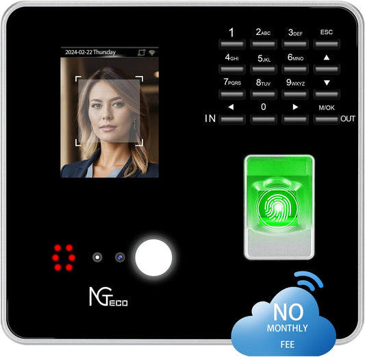 NGTeco Cloud Time Clock  Remote Control 2.4GHz WiFi Time Clock for Small Business with Software & App for iOS/Android, Includes 5 RFID Cards, No