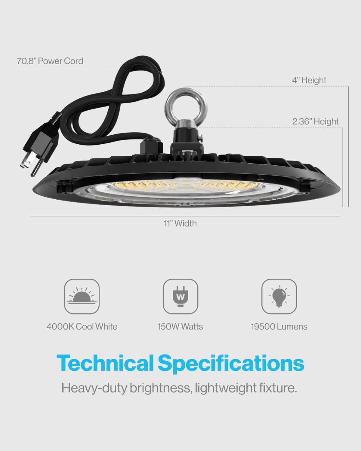 Sunco UFO LED Plug & Play High Bay Light, Lighting for Warehouse, 4000K Cool White, 150W, Power Cord Included, 19500 LM, 120VAC, IP65 Waterproof