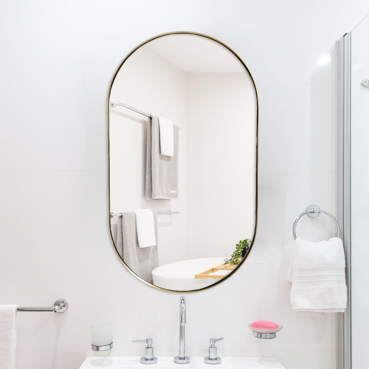 Oval Wall Mirror Gold Bathroom Mirror - Mirror Wall Decor with Stainless Steel Frame15.8'x 27.6' Decorative Wall Mirror Mounted Either Vertically or